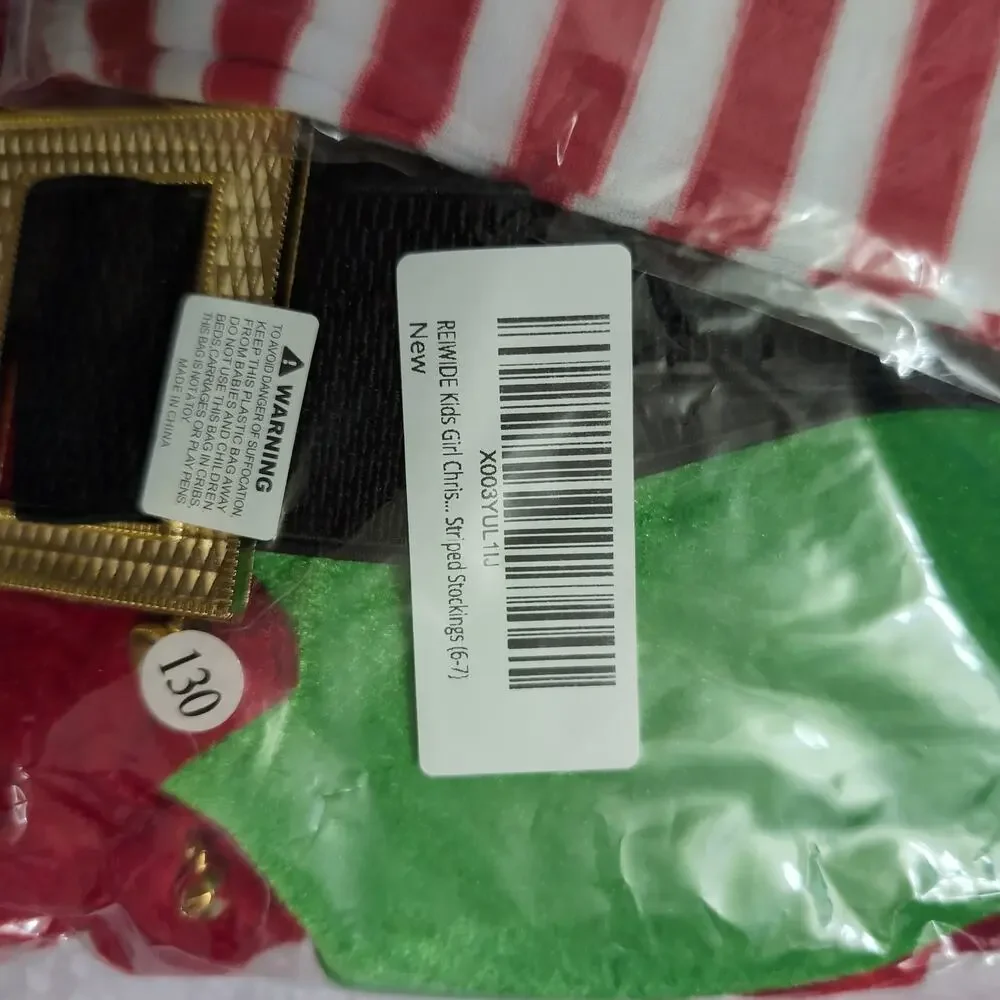 Girls Elf Costume Christmas Tunic Dress Belt Striped Socks Booties Hat 130 6-7